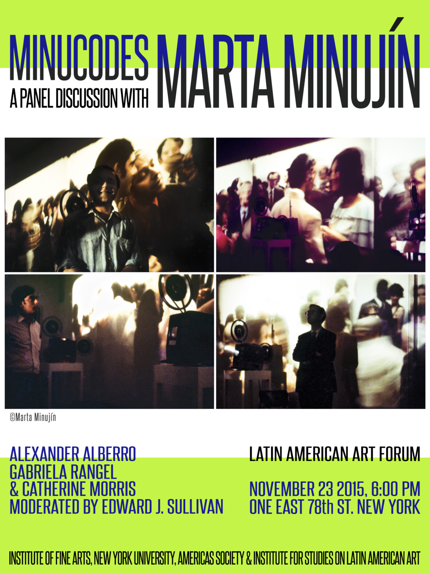 Four color images of individuals standing in front of a video projection with text describing Latin American Forum - Minucodes event.