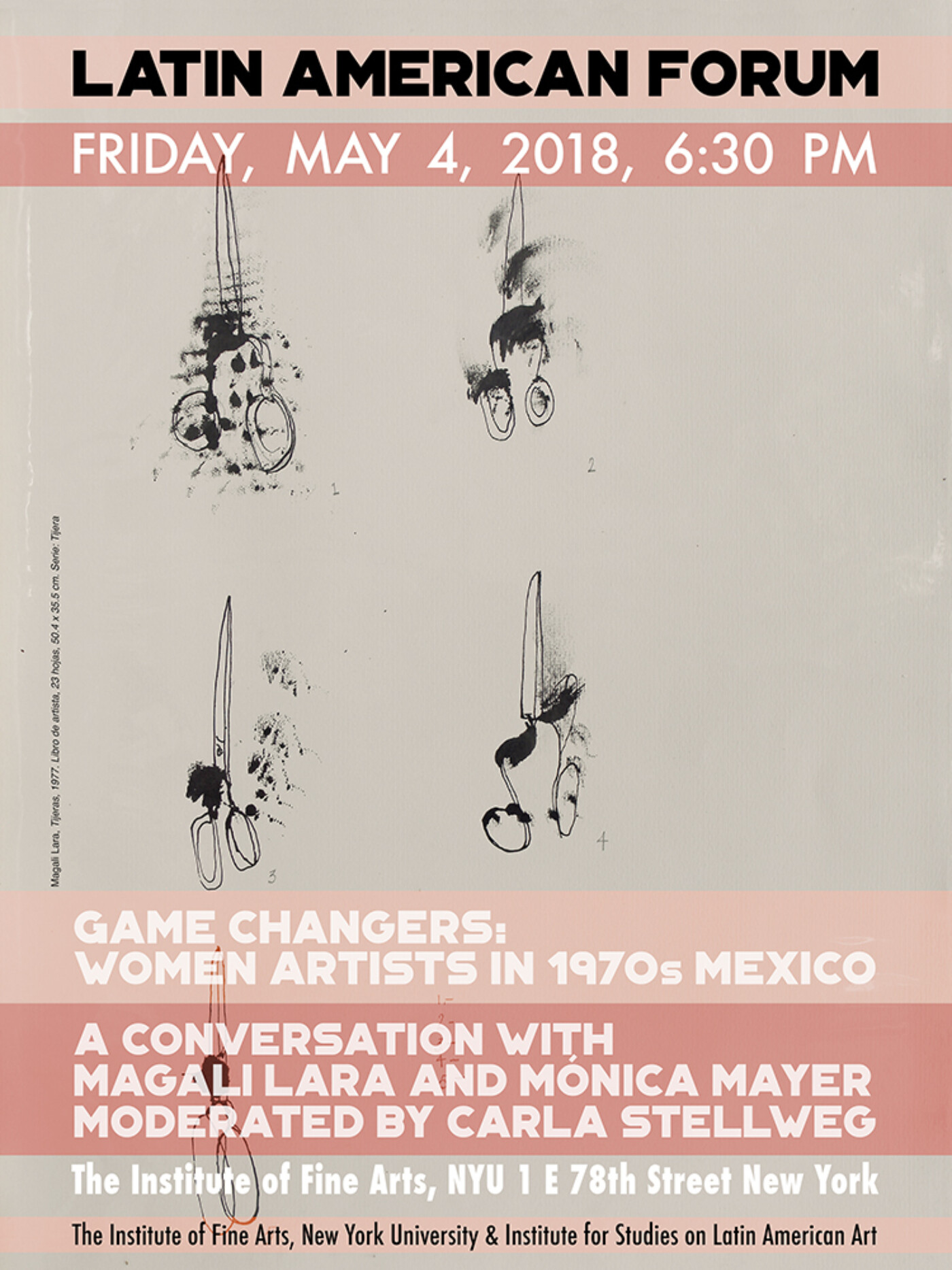 Five black ink illustrations of scissors with text describing Latin American Forum - Game Changers, May 4, 2018 event.