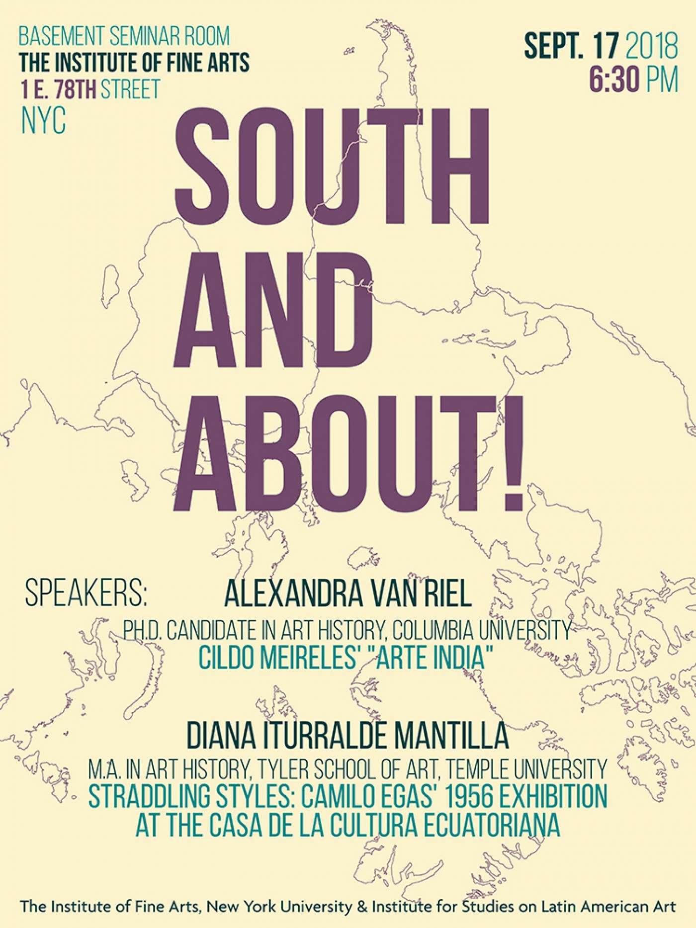 South and About event poster, Alexandra van Riel and Diana Iturralde Mantilla, September 17, 2018