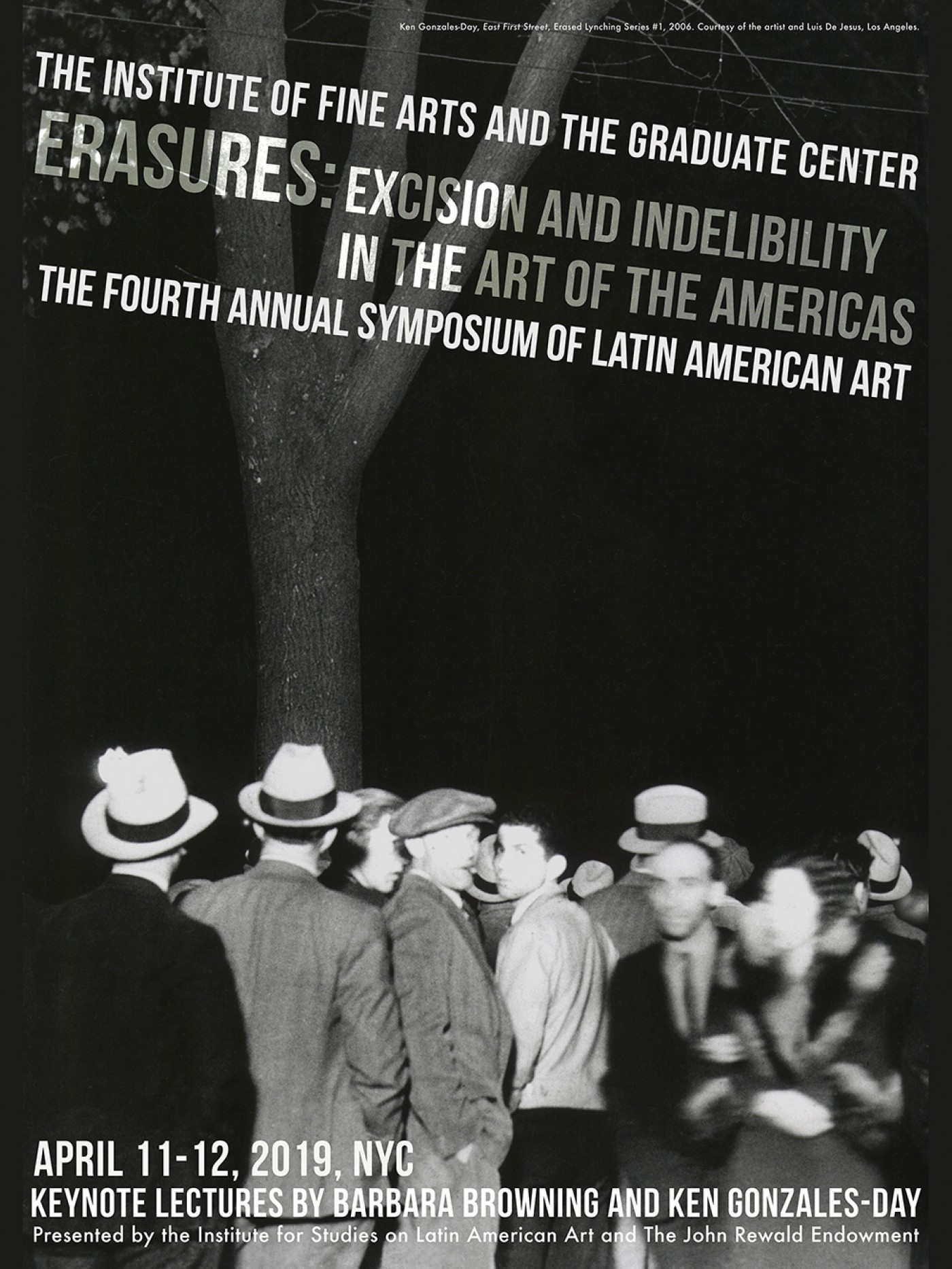 Black and white photograph of a crowd looking at a tree with text describing Fourth Annual Symposium of Latin American Art.