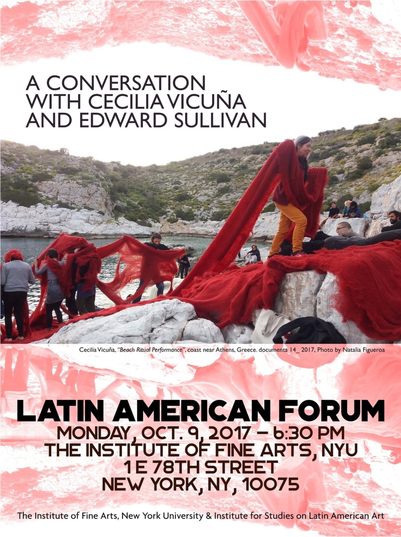 Poster featuring an image of Cecilia Vicuña's performance of people removing a large mass of red fabric from an ocean.
