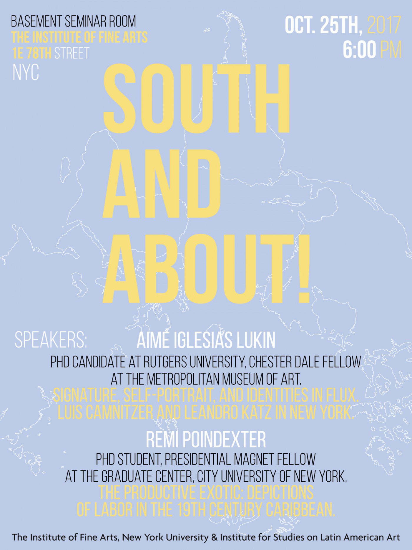 Event poster with bold text over a background of an upside down world map.