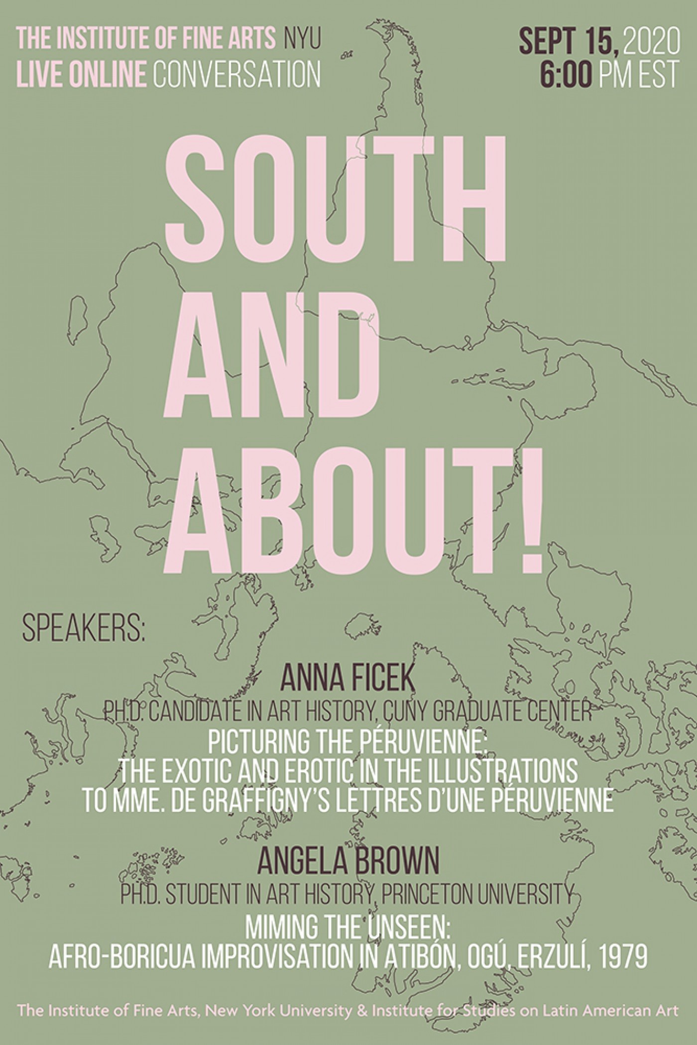 Event poster with bold text over a background of an upside down world map.