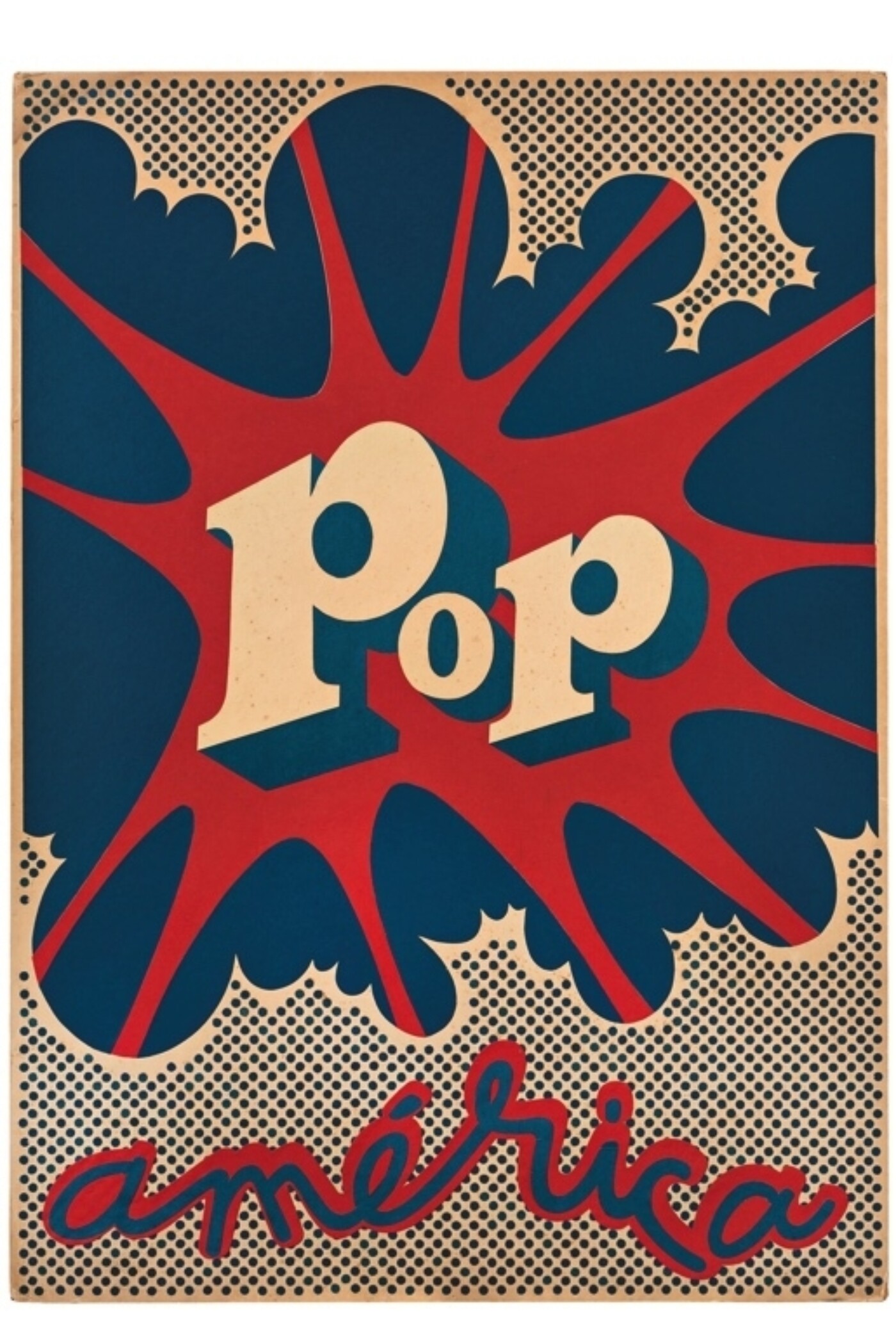 Printed red and blue poster with graphic text by Hugo Rivera-Scott.
