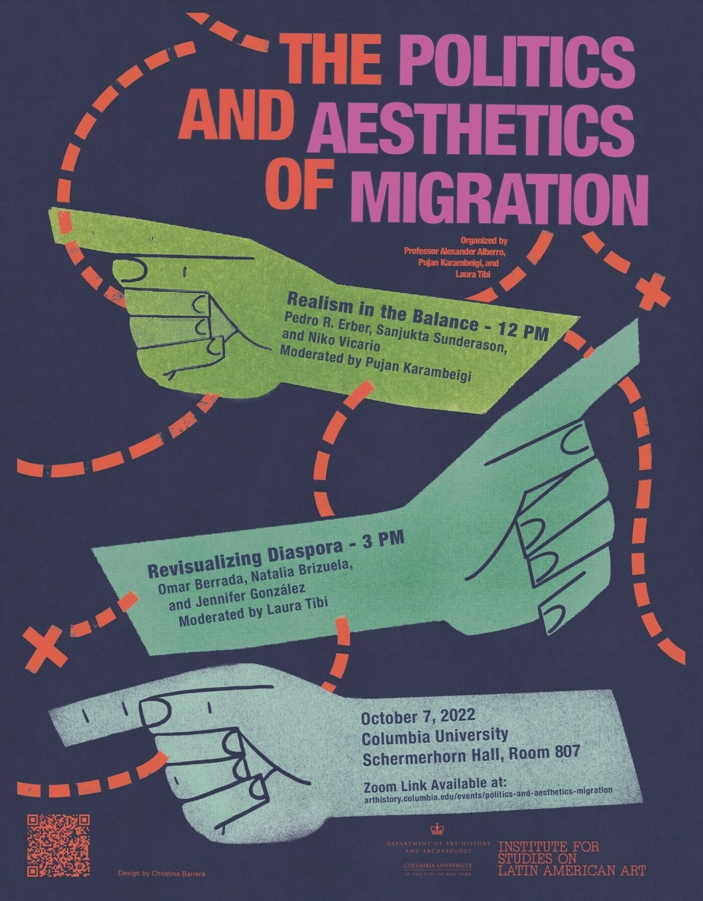 A vertically oriented poster showing three graphically represented forearms with pointer fingers extended, surrounded by descriptive event text and interlaced with dotted lines, as if signifying movement on a map.