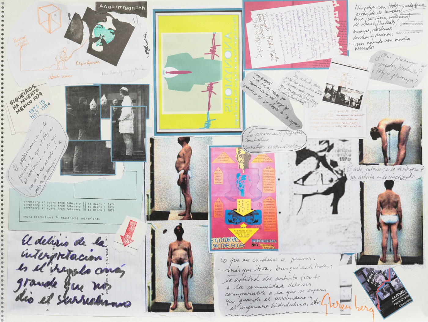 A collage showing fragments of handwritten notes and portraits of Felipe Ehrenberg.