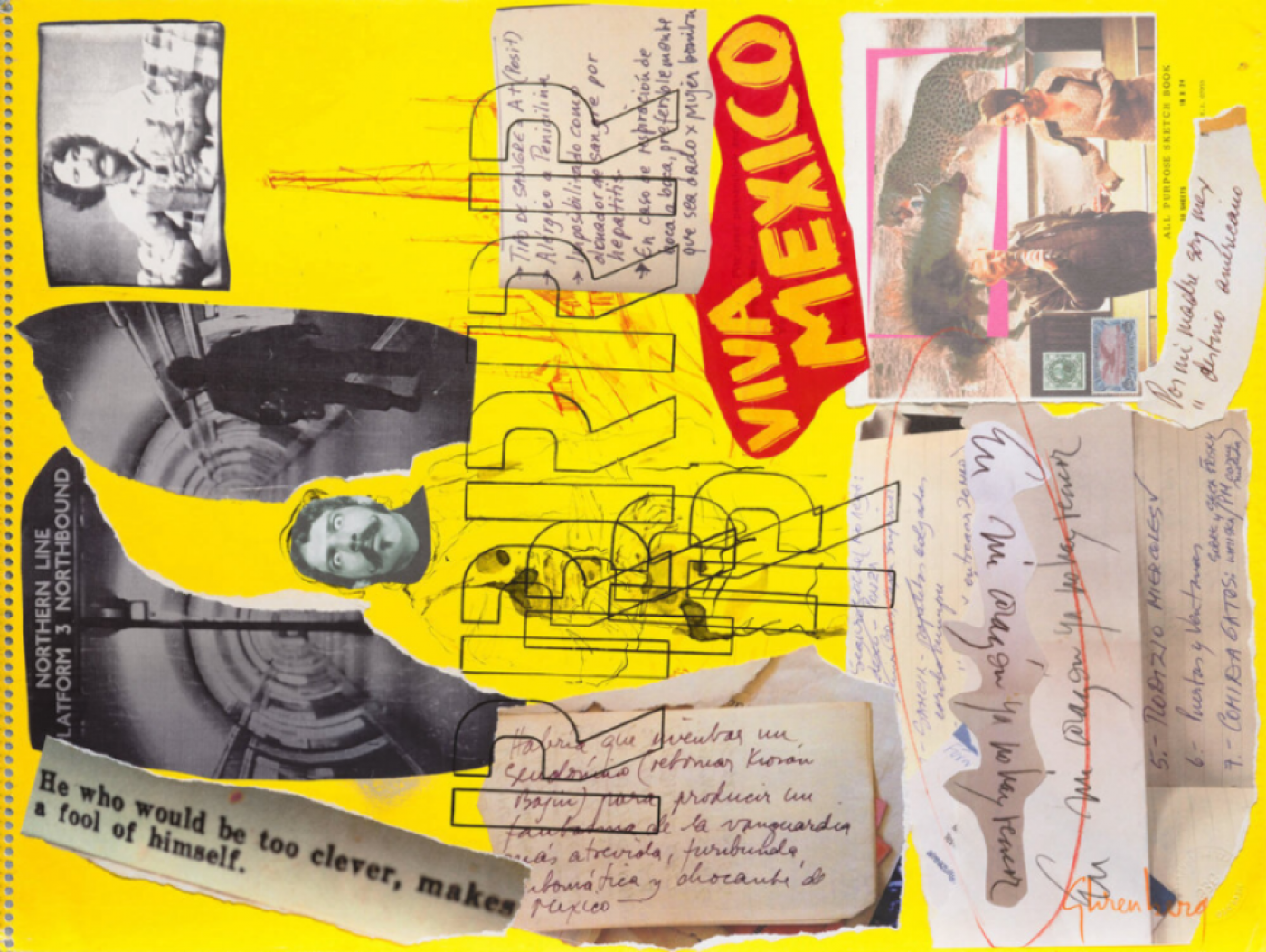 A collage showing fragments of photographs, notes, newspaper clippings, overlaid with stenciled text.