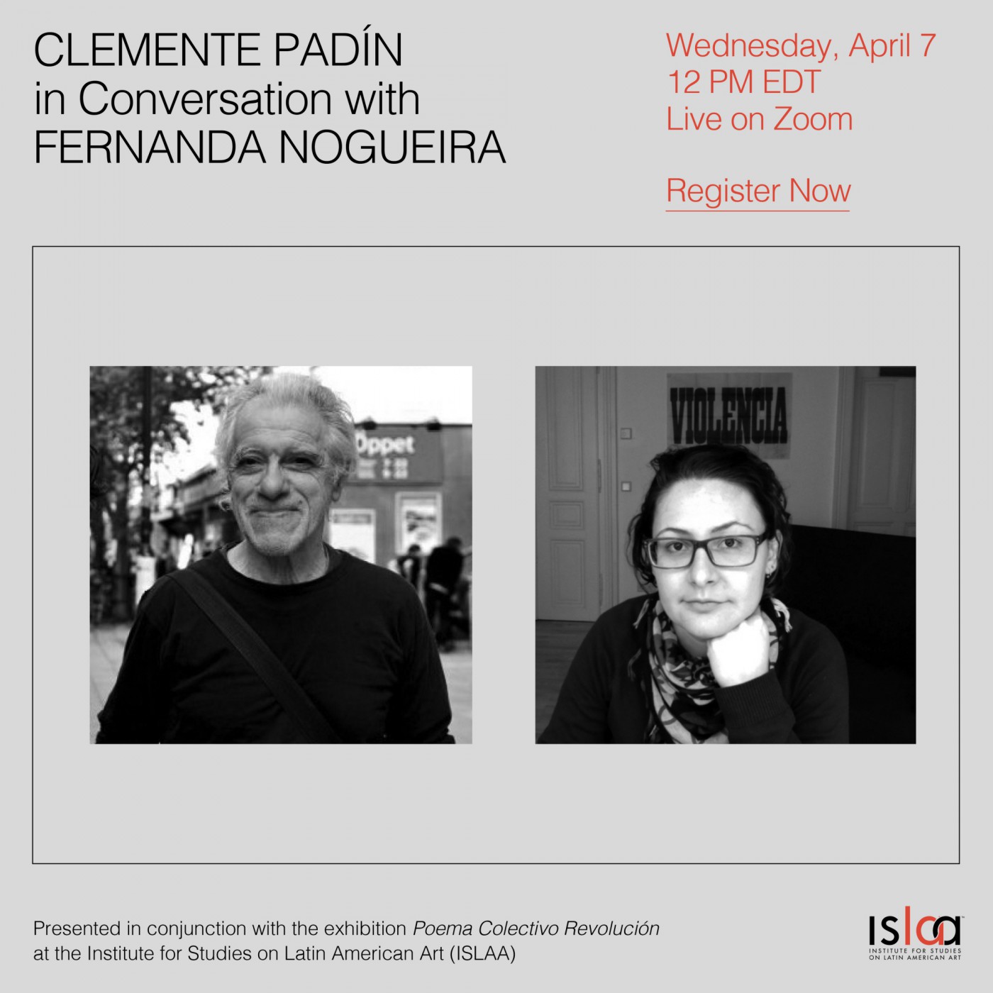 Event poster with a black and white portrait of Clemente Padín and a portrait of Fernanda Nogueira.