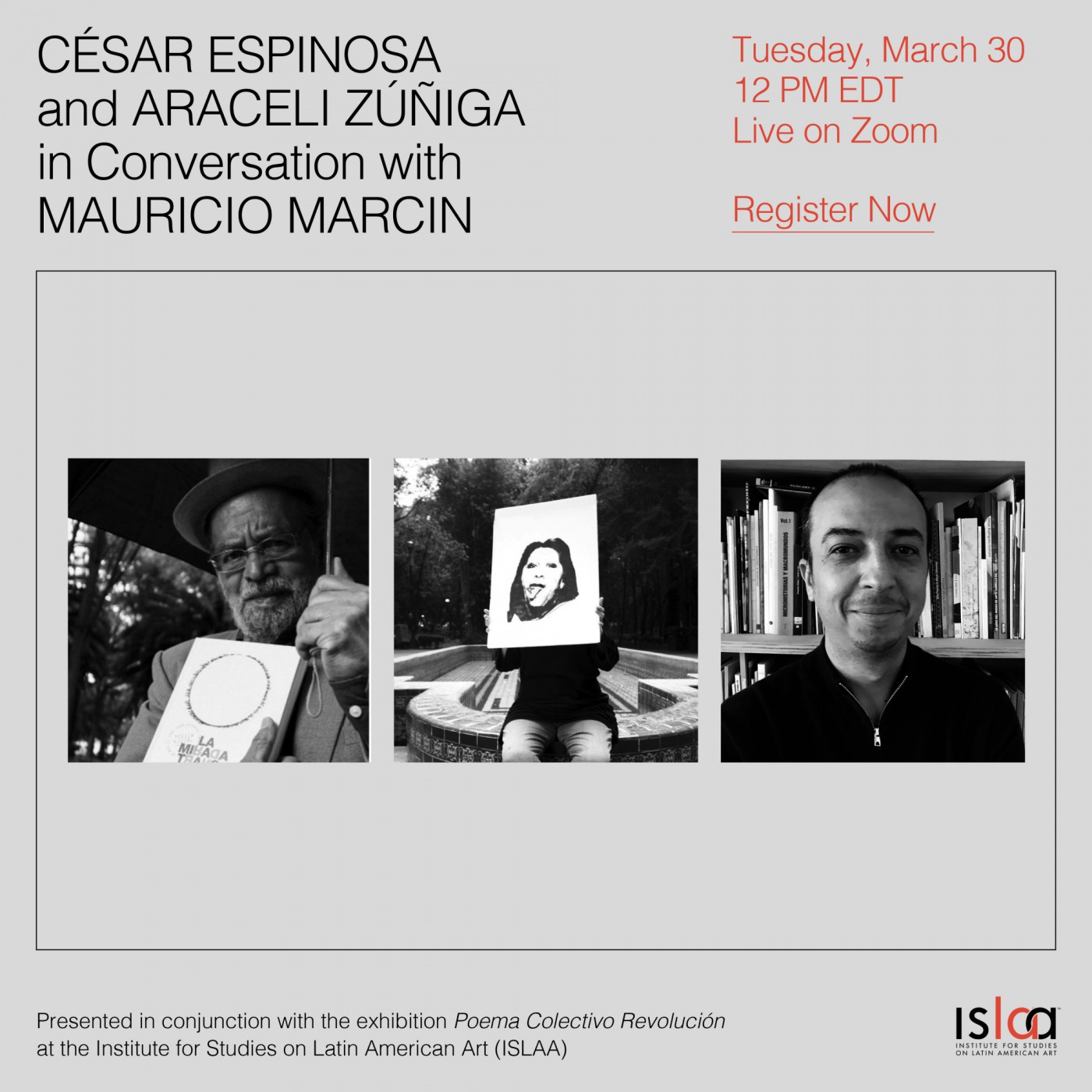 Event poster with three black and white portraits aligned horizontally.