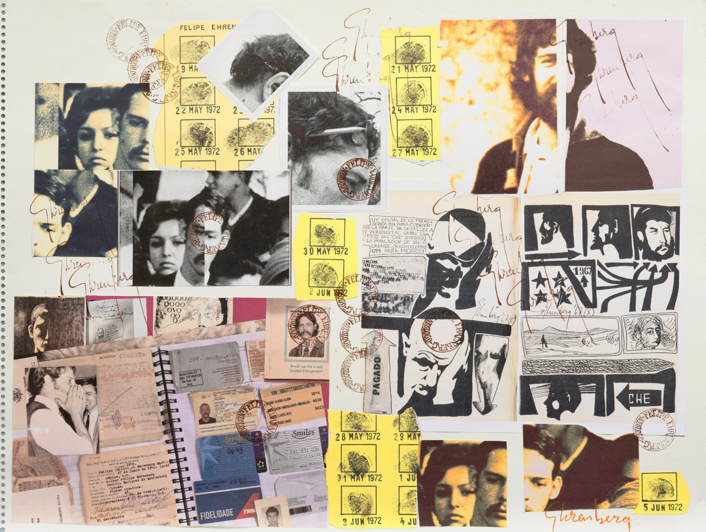 A collage showing fragments of fingerprint and identification documents and photos overlaid with handwritten text and stamps.