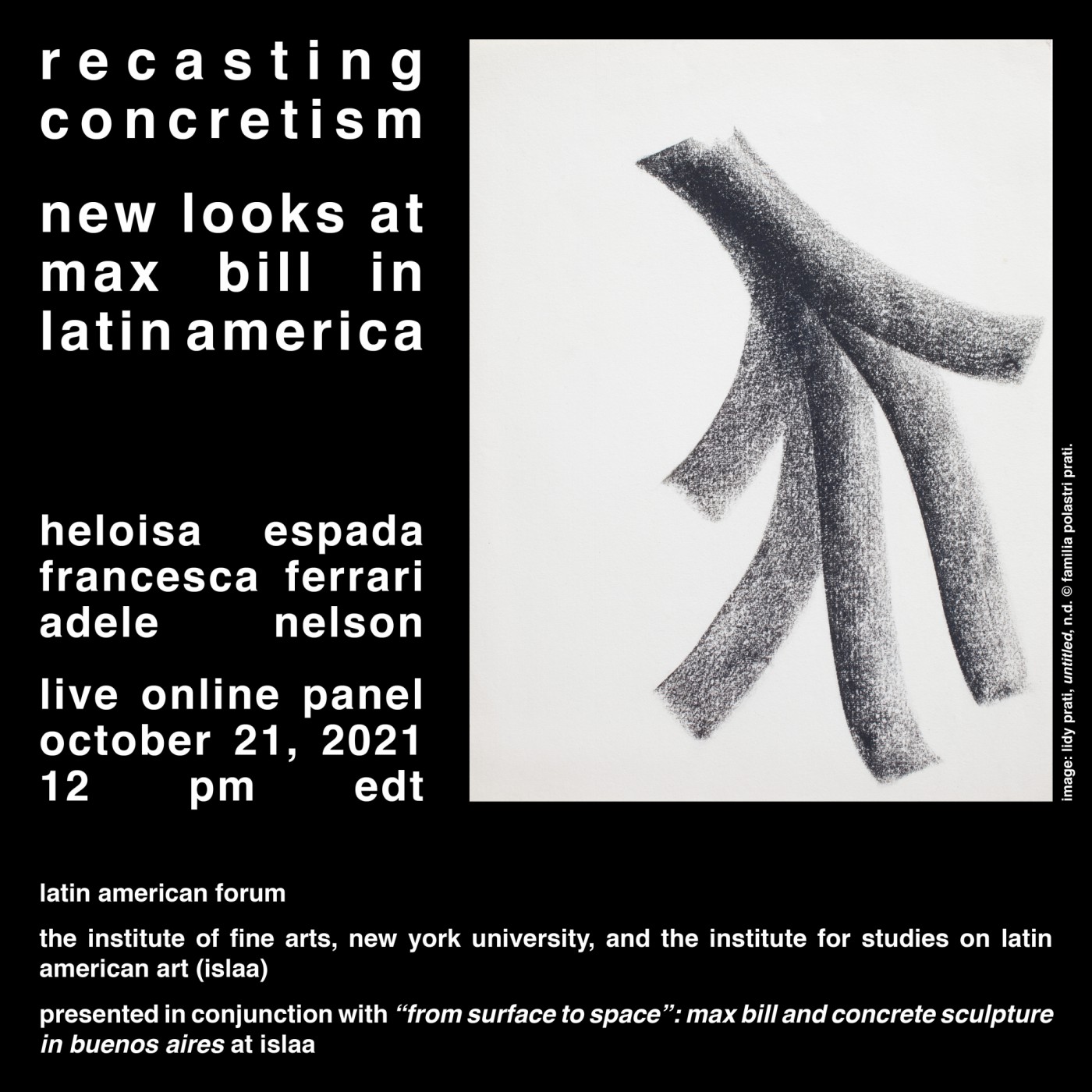 Event poster with an image of a charcoal drawing by Lidy Prati.