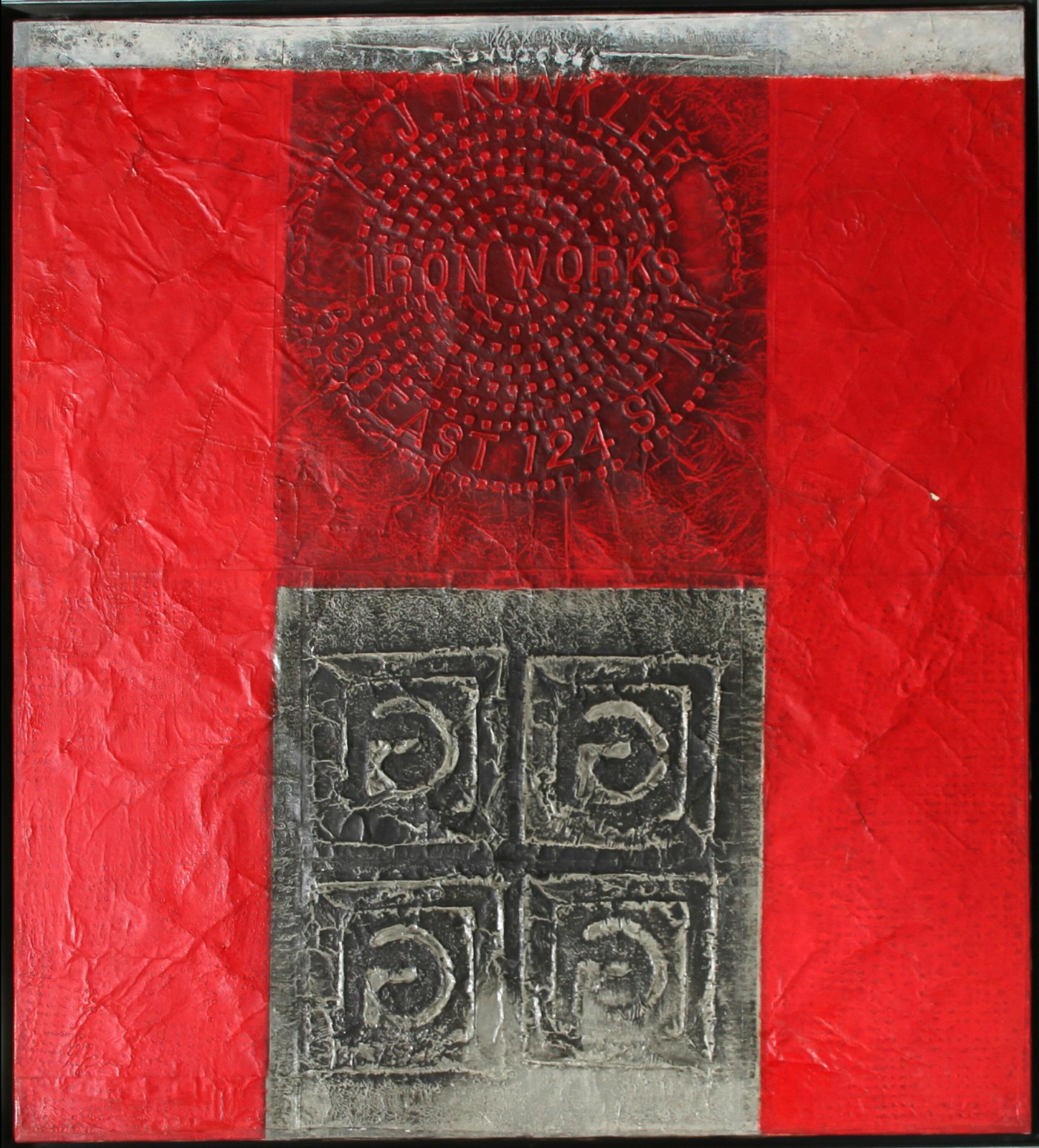 Aluminum foil painting by José Antonio Fernández-Muro that uses red pigment with the impressions of a manhole cover and gate.
