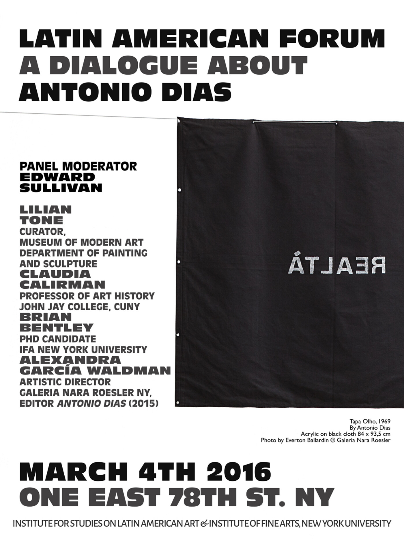 Event poster with bold, black text positioned over an image of a black square of fabric with white text on its surface.