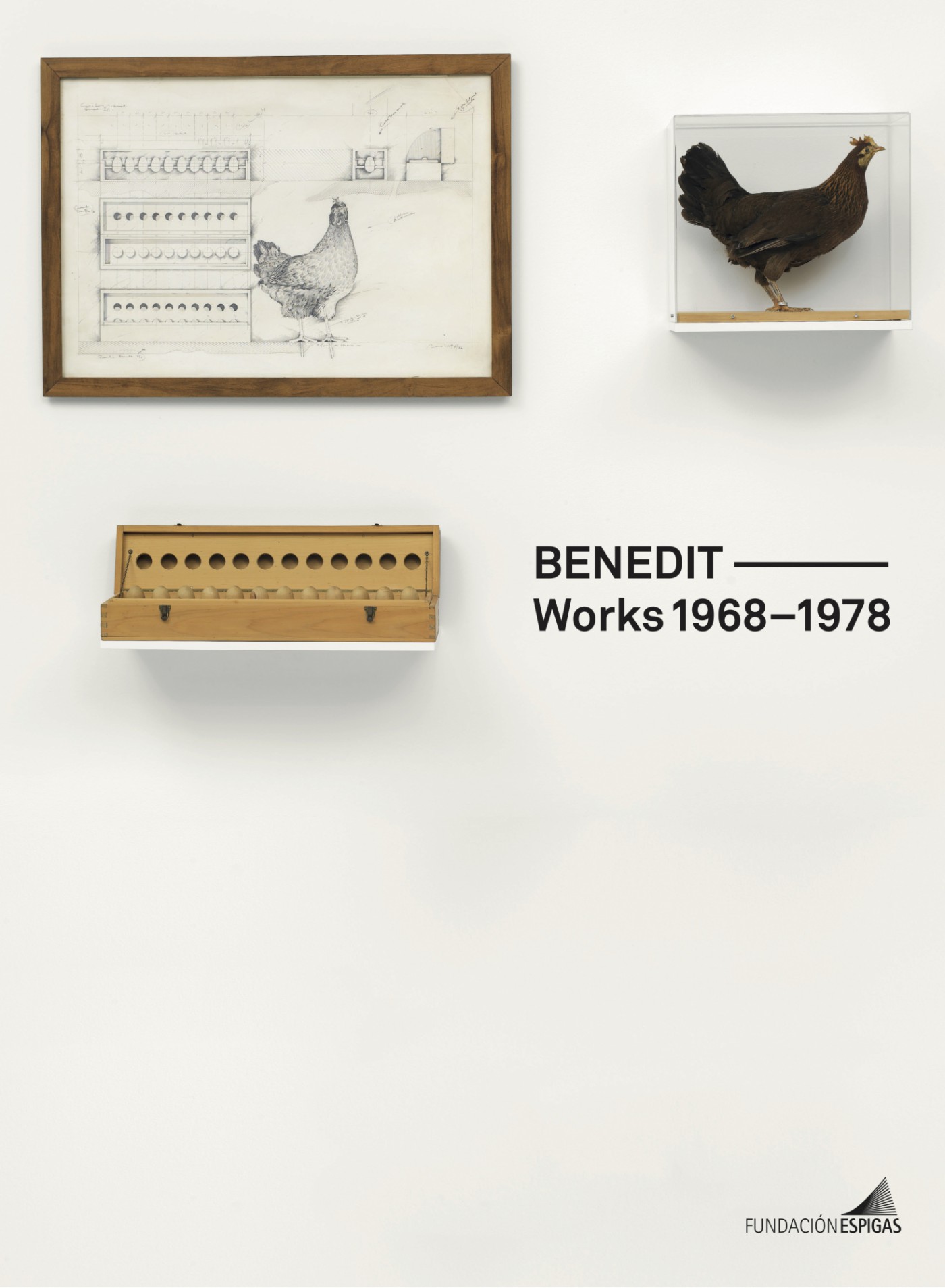 Book cover with an image of a framed drawing of a chicken placed next to a wall-mounted taxidermy chicken and a wall-mounted sculpture.