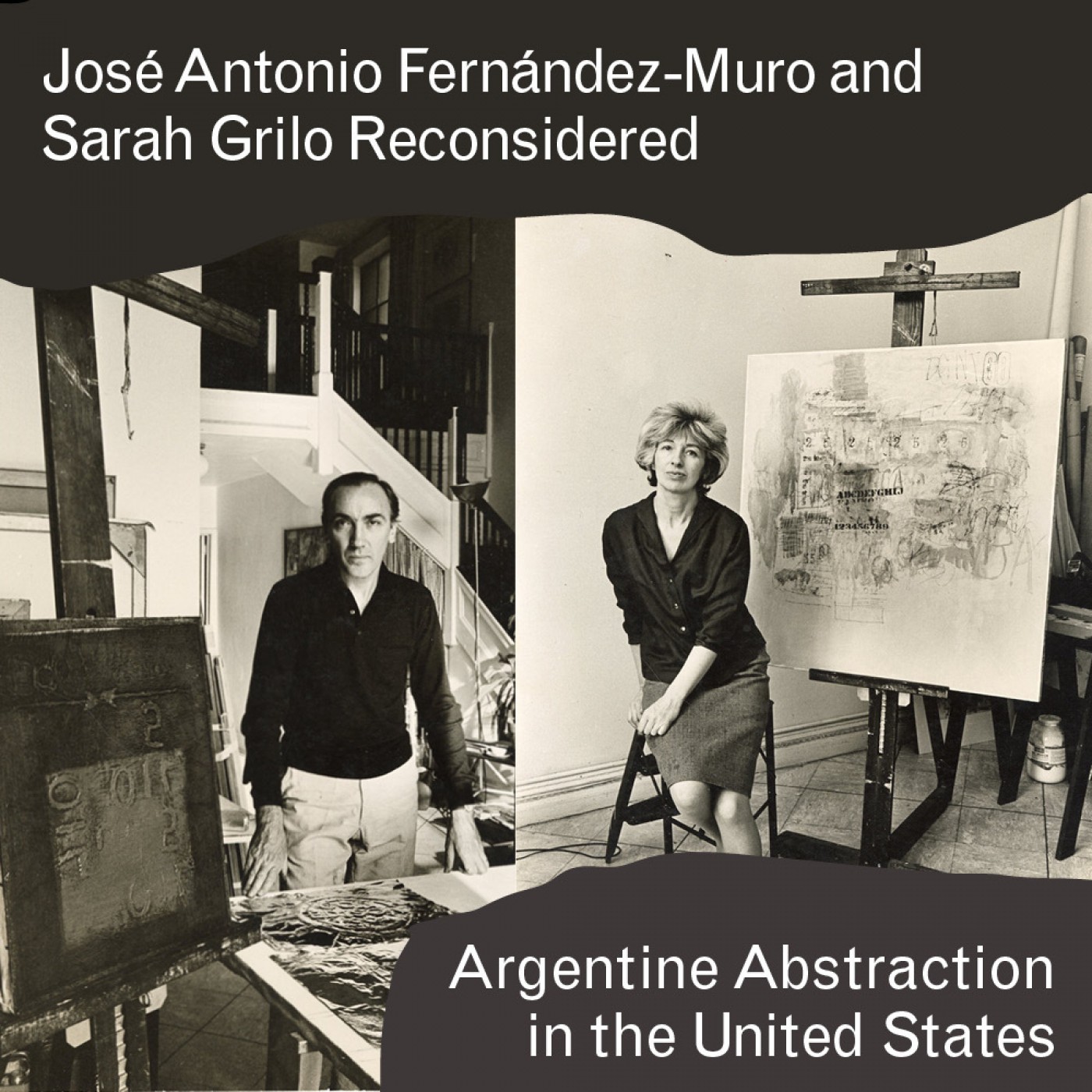 Poster for event depicting a portrait of José Antonio Fernández-Muro by his painting and a portrait of Sarah Grilo by her painting.